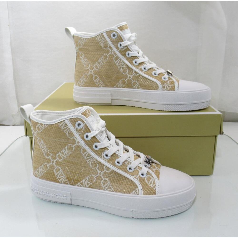 Michael Kors Evy High Top Lace Up Sneaker Empire Signature Logo Natural Size 7.5 - Picture 3 of 8
